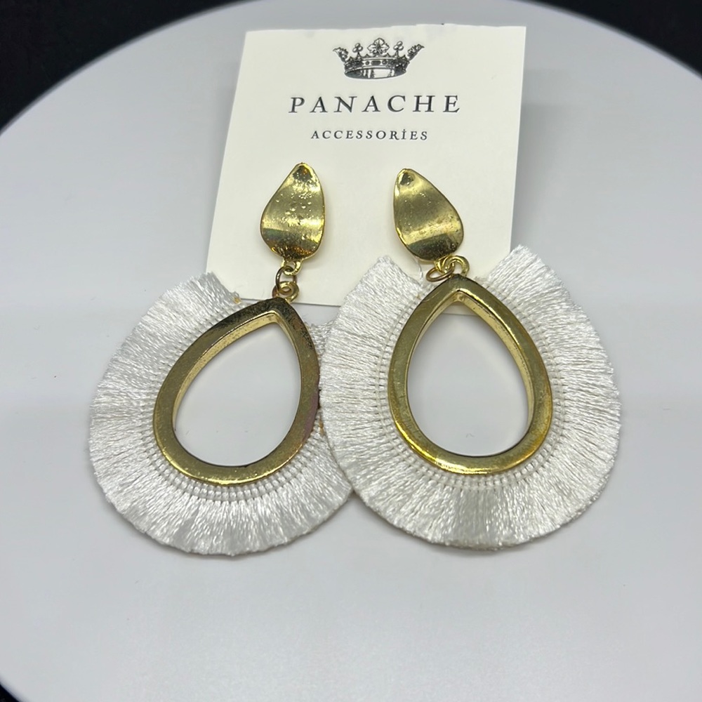 Panache Gold tone and white fringe hoop earrings